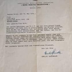 Carta original de agradecimiento de Emilie Schindler en alemán.  Donada al Museo del Holocausto de Buenos Aires por la familia Todesca.