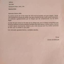 Carta de agradecimiento de Emilie Schindler traducida al español por Alicia Todesca.